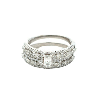 Emerald-Cut halo bridal set moissanite ring in sterling silver, view 2