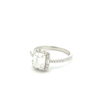 Emerald-Cut halo on pavé band moissanite ring in sterling silver