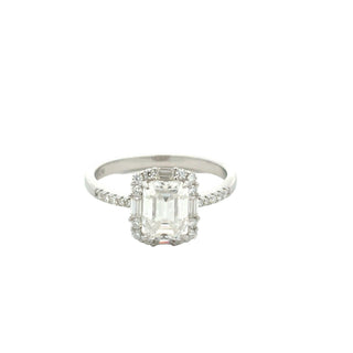 Emerald-Cut halo on pavé band moissanite ring in sterling silver, view 2