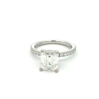 Emerald-Cut solitaire on pavé band moissanite ring in sterling silver
