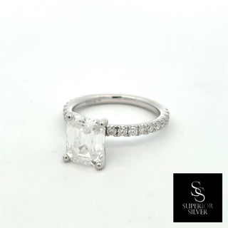 Emerald-Cut solitaire on pavé band moissanite ring in sterling silver, view 2