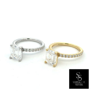 Emerald-Cut solitaire on pavé band moissanite ring in sterling silver and yellow gold vermeil, side by side