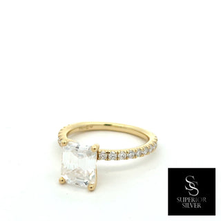 Emerald-Cut solitaire on pavé band moissanite ring in yellow gold vermeil over sterling silver, view 2