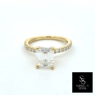 Emerald-Cut solitaire on pavé band moissanite ring in yellow gold vermeil over sterling silver, view 3