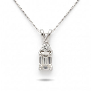 Emerald-Cut Solitaire with Round Accent Moissanite Pendant in Sterling Silver on chain