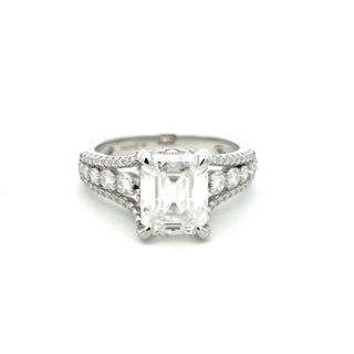 Emerald-Cut solitaire with three-row split shank moissanite ring in sterling silver, view 2