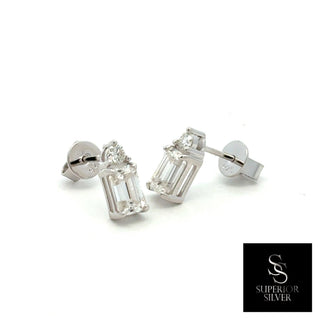 Emerald-cut two-stone moissanite stud earrings in sterling silver, view 2