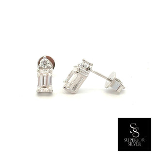 Emerald-cut two-stone moissanite stud earrings in sterling silver, view 3