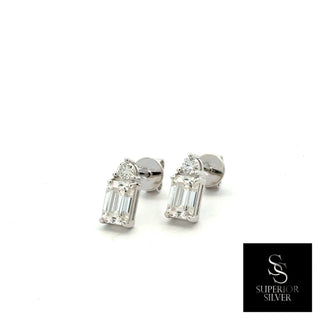 Emerald-cut two-stone moissanite stud earrings in sterling silver, view 4