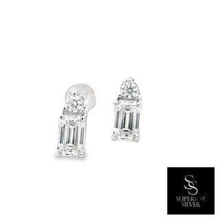Emerald-cut two-stone moissanite stud earrings in sterling silver, view 5