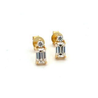 Emerald-cut two-stone moissanite stud earrings in yellow gold vermeil over sterling silver