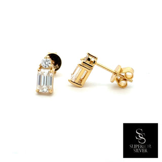 Emerald-cut two-stone moissanite stud earrings in yellow gold vermeil over sterling silver, view 2