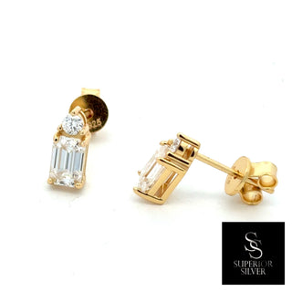 Emerald-cut two-stone moissanite stud earrings in yellow gold vermeil over sterling silver, view 3