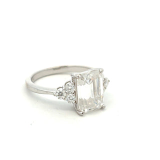 Emerald-Cut with round cluster sides moissanite ring in sterling silver