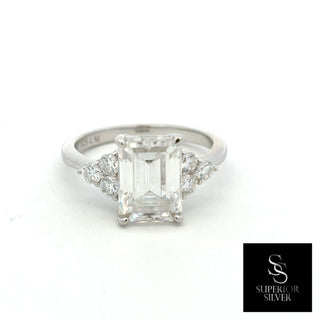 Emerald-Cut with round cluster sides moissanite ring in sterling silver, view 2