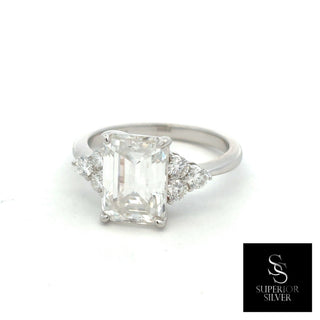 Emerald-Cut with round cluster sides moissanite ring in sterling silver, view 3
