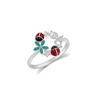 Enamel Ladybug and Flower Open Wreath Moissanite Ring in sterling silver