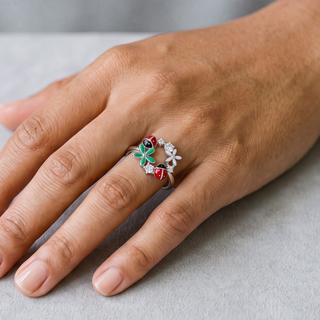 Enamel Ladybug and Flower Open Wreath Moissanite Ring in sterling silver, worn on hand