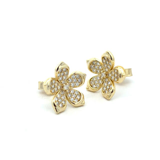 Five-petal pavé flower moissanite stud earrings in yellow gold vermeil over sterling silver