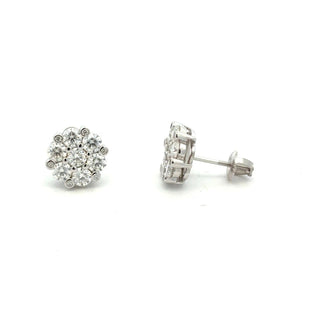 Flower cluster bezel accent moissanite stud earrings in sterling silver