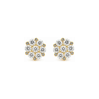 Flower cluster bezel accent moissanite stud earrings in yellow gold vermeil over sterling silver