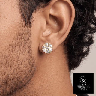 Flower cluster bezel accent moissanite stud earrings in yellow gold vermeil over sterling silver, worn on model