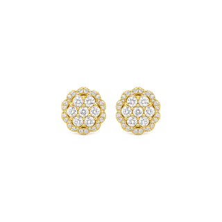 Flower cluster scalloped halo moissanite stud earrings in yellow gold vermeil over sterling silver