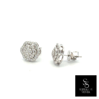 Flower double halo pavé cluster moissanite stud earrings in sterling silver, view 2