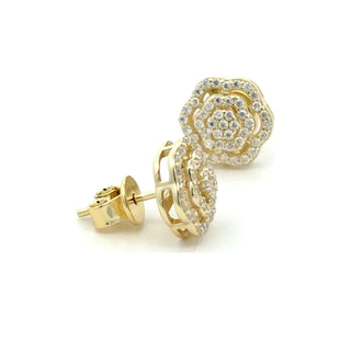 Flower double halo pavé cluster moissanite stud earrings in yellow gold vermeil over sterling silver