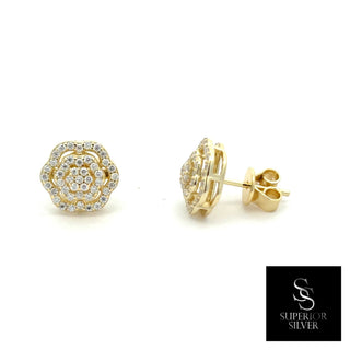 Flower double halo pavé cluster moissanite stud earrings in yellow gold vermeil over sterling silver, view 2