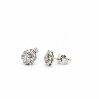 Flower halo pavé cluster moissanite stud earrings in sterling silver