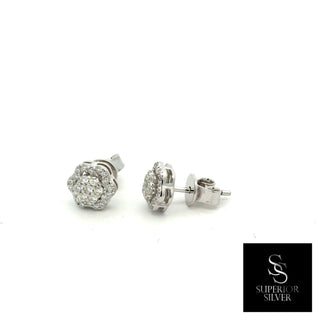 Flower halo pavé cluster moissanite stud earrings in sterling silver, view 2