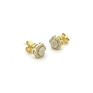 Flower halo pavé cluster moissanite stud earrings in yellow gold vermeil over sterling silver