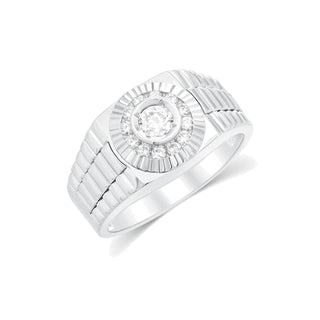 Fluted Round Halo Signet with Ribbed Shoulders Moissanite Ring in sterling silver
