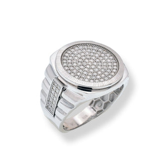 Fluted Round Pavé Top with Ribbed Shoulders Moissanite Ring in sterling silver
