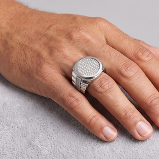 Fluted Round Pavé Top with Ribbed Shoulders Moissanite Ring in sterling silver, worn on hand