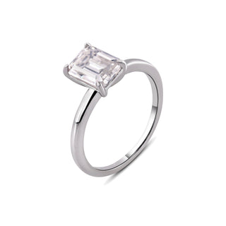 Four-Prong Emerald-Cut Solitaire on Polished Band Moissanite Ring in sterling silver, 2 ct center