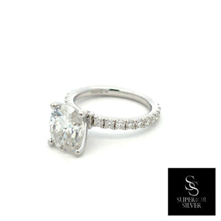 Four-Prong oval solitaire on pavé band moissanite ring in sterling silver, view 2