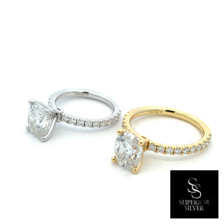 Four-Prong oval solitaire on pavé band moissanite ring in sterling silver and yellow gold vermeil, side by side