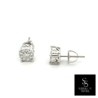 Four-prong round cluster moissanite stud earrings in sterling silver, view 2
