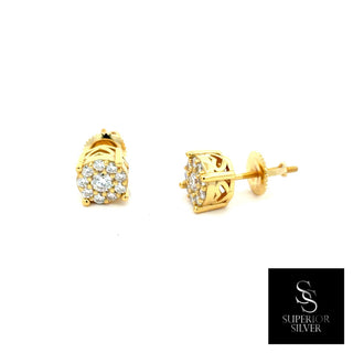 Four-prong round cluster moissanite stud earrings in yellow gold vermeil over sterling silver, view 2