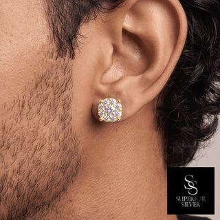 Four-prong round cluster moissanite stud earrings in yellow gold vermeil over sterling silver, worn on model