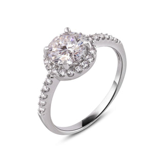 Four-Prong Round Halo with Pavé Shoulders Moissanite Ring in sterling silver