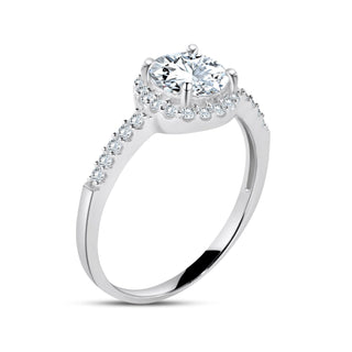 Four-Prong Round Halo with Pavé Shoulders Moissanite Ring in sterling silver, view 2