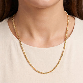 Superior Silver 10K yellow gold 2.0mm Franco link chain necklace worn around a neck with a polished finish
