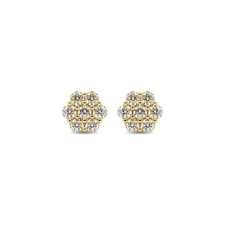 Full flower cluster moissanite stud earrings in yellow gold vermeil over sterling silver, view 2