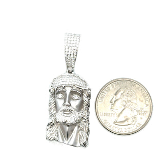 Fully Detailed Jesus Piece Moissanite Pendant in Sterling Silver, size comparison with a US quarter