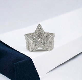 Fully iced 3D star moissanite ring in sterling silver, view 2