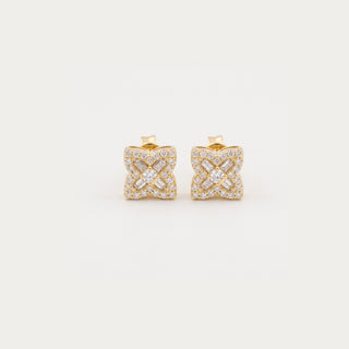 Baguette flower moissanite stud earrings in yellow gold vermeil over 925 sterling silver