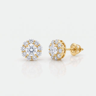 Gold vermeil round flower halo moissanite stud earrings, hero